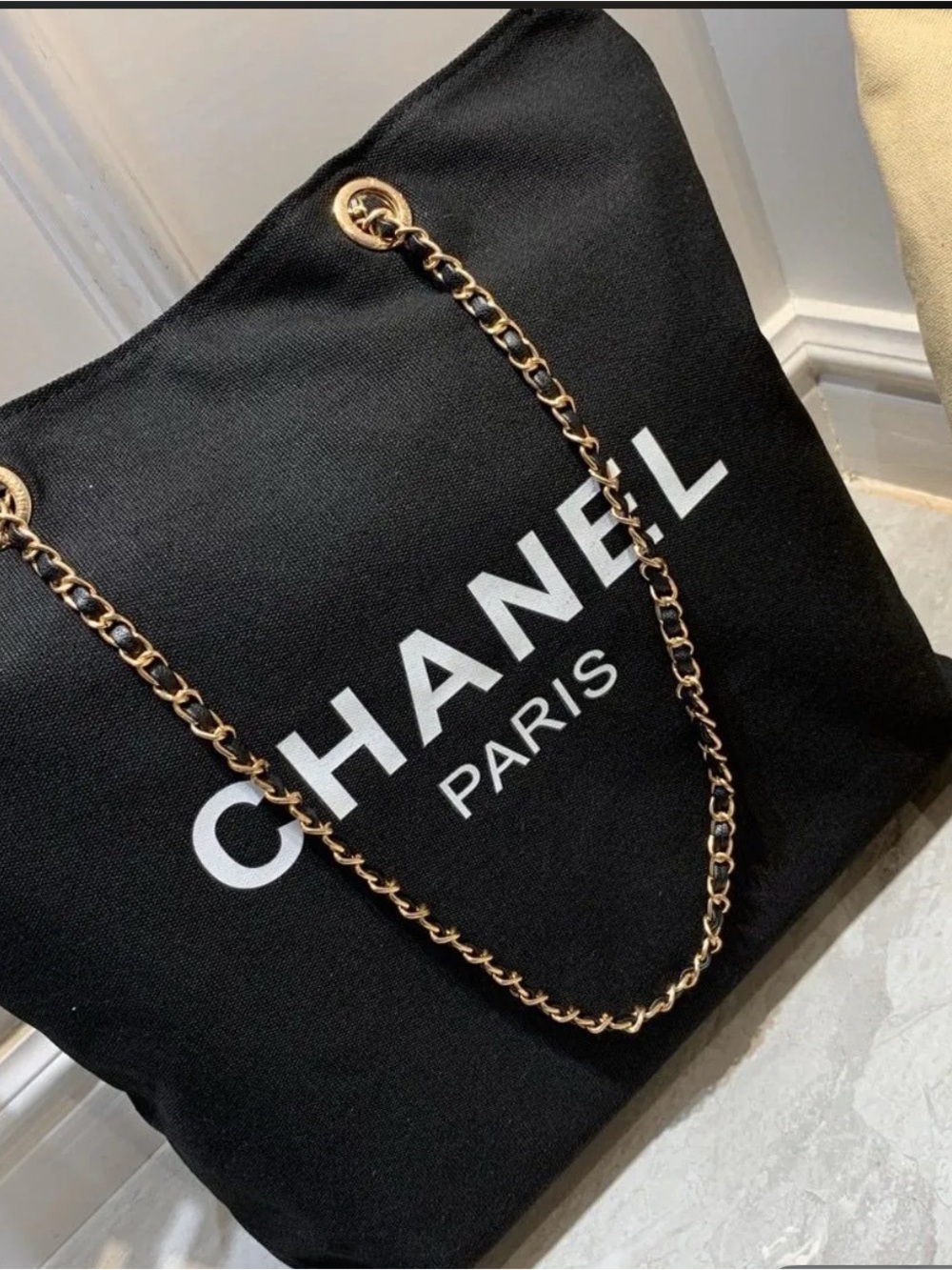 CHANEL NIP GWP Paris Parfum Black Canvas Tote with Gold Chain Detail - Picture 2 of 16